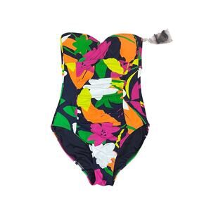 NWT ANNE COLE Lush Gardens Shirred Twist Bandeau Strapless One Piece Swimsuit